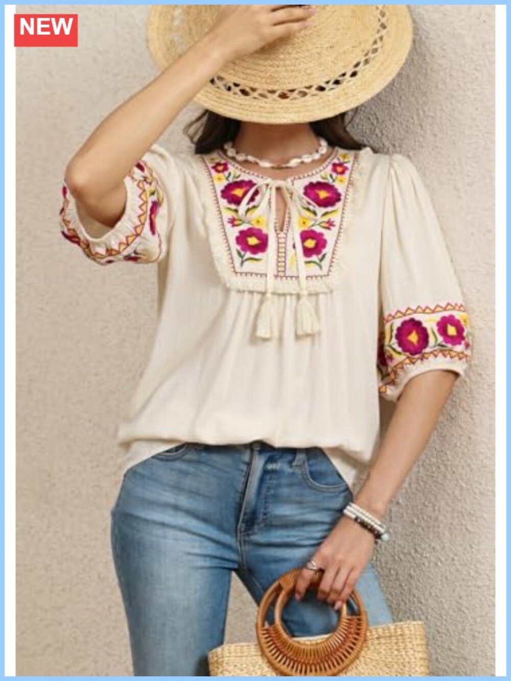 Women's Embroidered Boho Tunic Blouse Puff Short Sleeve Floral Tassel - Picture 2 of 6